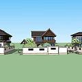 Three Detached Villas Architectural Design With Courtyard Swimming Pool And Green Plants