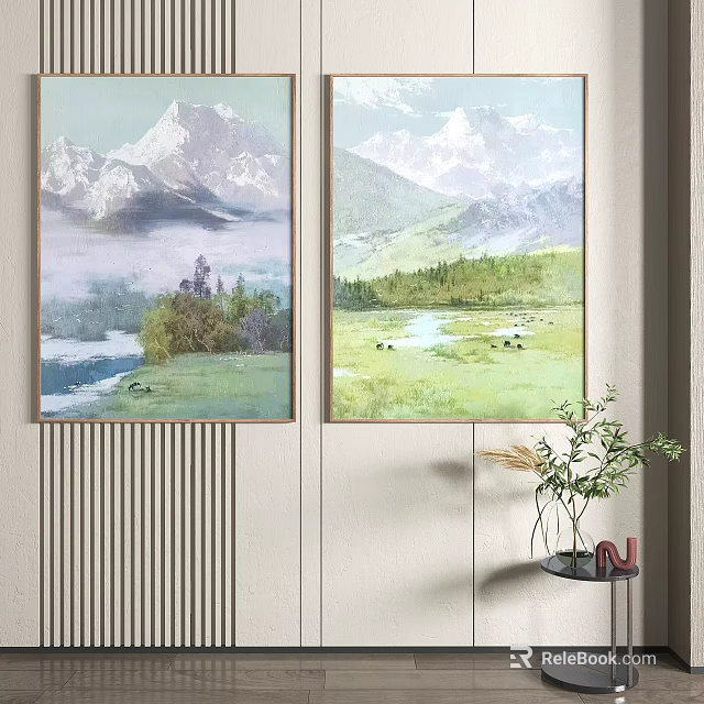 Landscape Paintings With Snow Capped Mountains Mist Lake Trees Buildings Grassland River And Cattle 3d model 