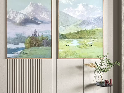 Landscape Paintings With Snow Capped Mountains Mist Lake Trees Buildings Grassland River And Cattle 3d model
