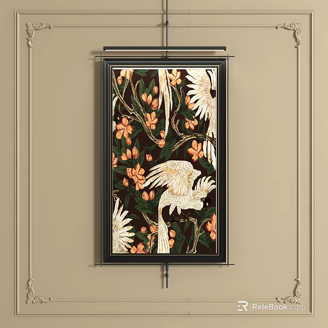 Abstract Painting With White Birds Orange Flowers Dark Background And Black Frame Hanging On Wall 3d model 