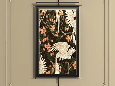 Abstract Painting With White Birds Orange Flowers Dark Background And Black Frame Hanging On Wall 3d model