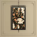 Abstract Painting With White Birds Orange Flowers Dark Background And Black Frame Hanging On Wall