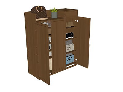 Brown Wooden Shoe Cabinet With Storage Compartments Shoes Boxes Handbag And Potted Plant 3d model