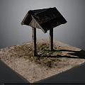 Rustic Wooden Shelter With Sloped Roof And Wooden Posts On Sandy Ground
