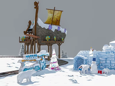 Scenic Winter Landscape With Snowy Igloo Snowman Polar Bear Christmas Tree Decorated Ship And Track 3d model