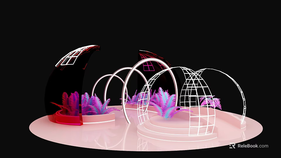 Futuristic Transparent Arch Structures With Purple Plants On Pink Platform 3d model
