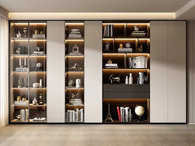 Modern Built in Bookcase With Multiple Shelves Books Decorative Items And Lighting 3d model