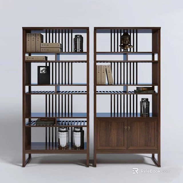 Modern Wooden Bookcase With Vertical Slat Design Multiple Shelves Books Canisters and Decorative Items 3d model 