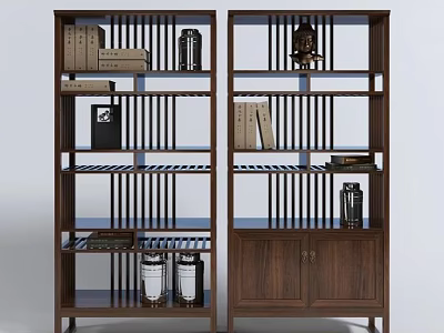 Modern Wooden Bookcase With Vertical Slat Design Multiple Shelves Books Canisters and Decorative Items 3d model