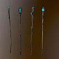 Four Decorative Magic Staffs With Blue Crystal Tops And Intricate Designs