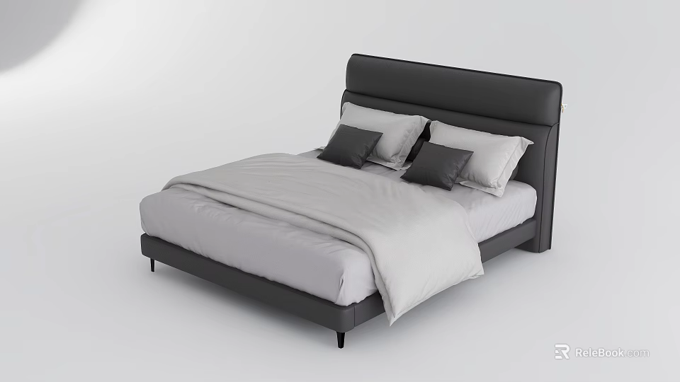 Modern Minimalist Double Bed with Black Leather Headboard and Light Gray Bedding 3d model