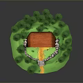 Scenic Forest Landscape With Orange Roofed Cabin Green Pine Trees Yellow Path And Stone Steps