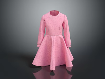 Pink A Line Dress With Long Sleeves And Textured Flared Skirt 3d model