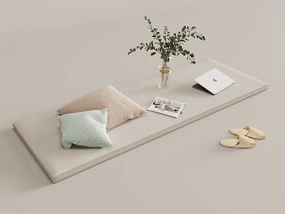 Beige And Light Green Pillows On Cozy Bench With Eucalyptus Vase Magazine And Slippers 3d model
