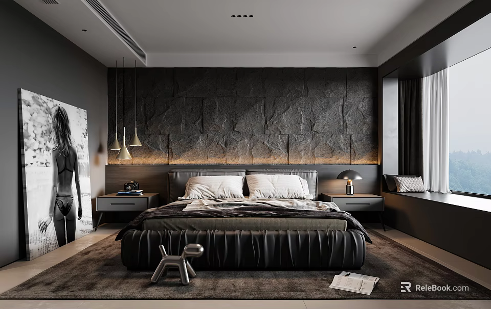 Modern Bedroom Interior With Black Stone Wall Black Leather Bed And Pendant Lights 3d model 