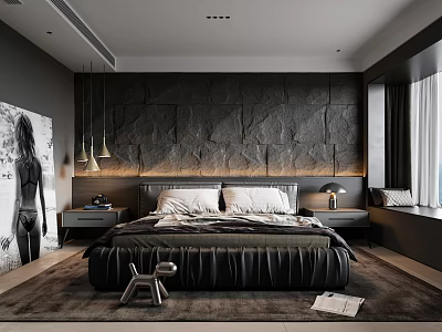 Modern Bedroom Interior With Black Stone Wall Black Leather Bed And Pendant Lights 3d model