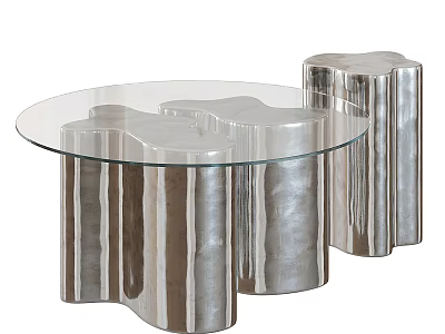 Round Glass Top Coffee Table With Silver Metal Pillar Legs Modern Design 3d model