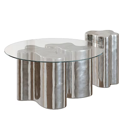 Round Glass Top Coffee Table With Silver Metal Pillar Legs Modern Design 3d model