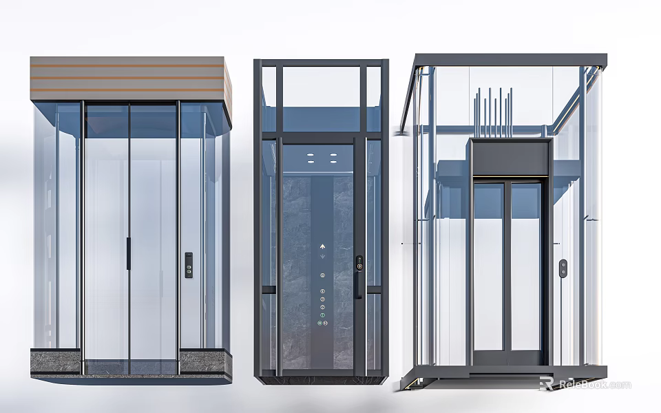 Modern Hotel Elevator Lobby Featuring Three Different Glass Door And Metal Frame Designs 3d model