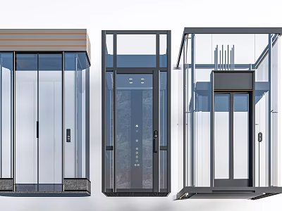 Modern Hotel Elevator Lobby Featuring Three Different Glass Door And Metal Frame Designs 3d model