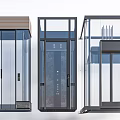 Modern Hotel Elevator Lobby Featuring Three Different Glass Door And Metal Frame Designs 3d model