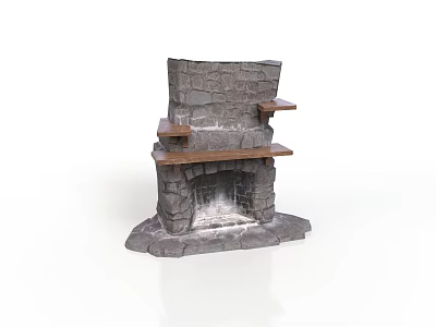 Rustic Stone Fireplace Furniture With Multiple Wooden Shelves And Classic Design 3d model