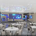 Modern Event Stage With Purple Blue Lighting Large Screen 20 Logo Round Tables And Chairs