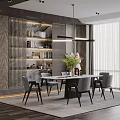 Elegant Modern Restaurant Interior With Dining Table Chairs Pendant Lighting And Wall Panel Design 3d model