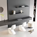 Modern Black Desk Setup With White Chairs Wall Shelves And Decorative Items