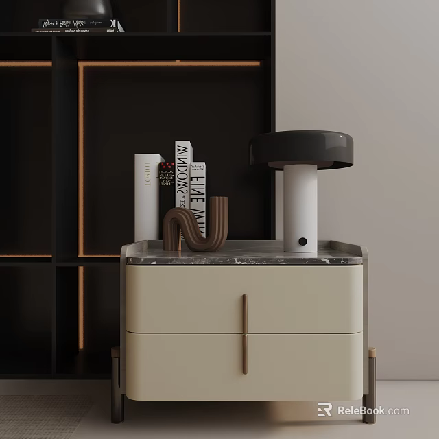 Beige Bedside Table With Marble Top And Books Curved Decor Table Lamp On Dark Cabinet 3d model 