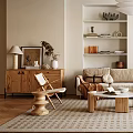Modern Living Room Interior Design With Sofa Coffee Table Area Rug Bookshelf And Pendant Light