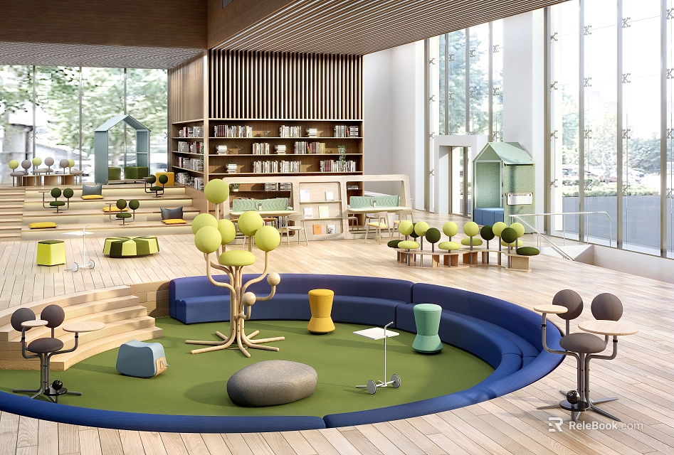 Artistic Library Kids Space With Creative Furniture And Green Plants 3d model 