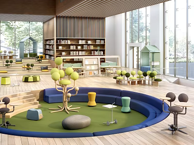 Artistic Library Kids Space With Creative Furniture And Green Plants 3d model