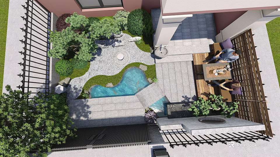 Serene Courtyard Garden Design With Green Plants Water Pond Stone Path And Seating Area 3d model 