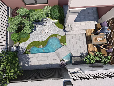 Serene Courtyard Garden Design With Green Plants Water Pond Stone Path And Seating Area 3d model