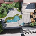 Serene Courtyard Garden Design With Green Plants Water Pond Stone Path And Seating Area