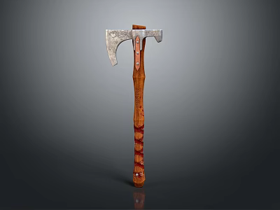 Handcrafted Axe Featuring Metal Head And Wooden Handle With Red Stripes Design 3d model