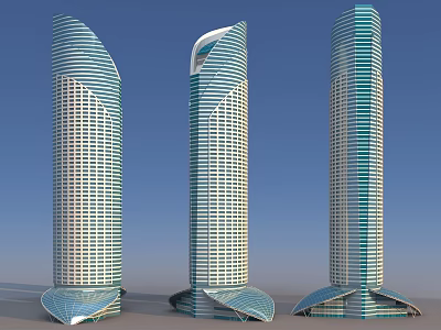 Three Modern Curved Skyscrapers With Glass Facade And Unique Base Design 3d model