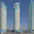 Three Modern Curved Skyscrapers With Glass Facade And Unique Base Design