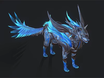 Mythical Reptile With Blue Glowing Wings Horn And Intricate Patterns 3d model