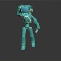 Teal Colored Robot With Head Device In Standing Pose On Reflective Surface