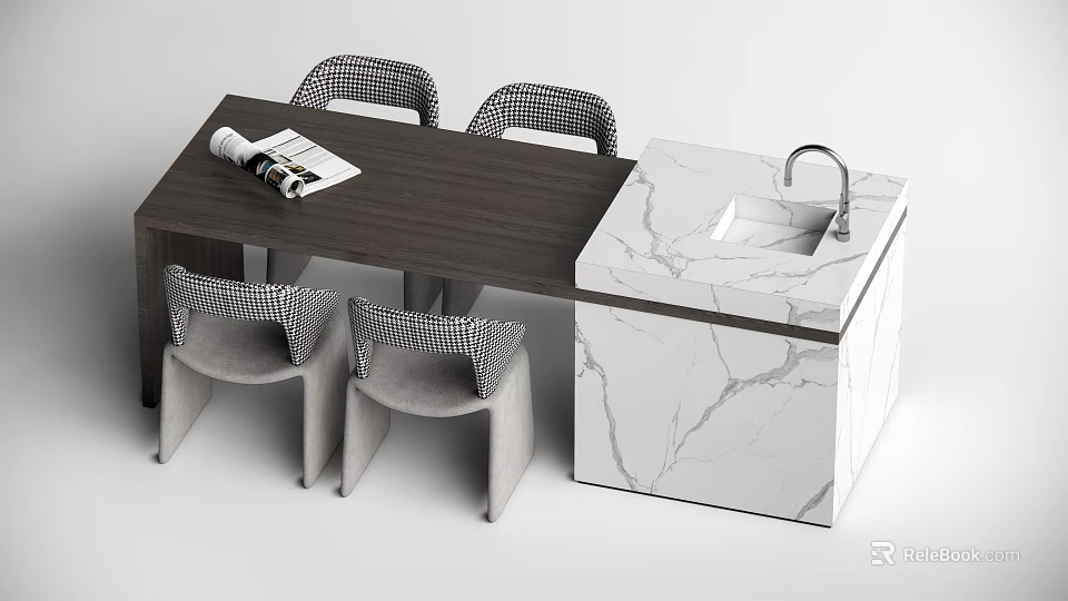 Modern Wooden Dining Table Set With Checkered Back Chairs And White Marble Island Sink 3d model 