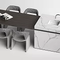 Modern Wooden Dining Table Set With Checkered Back Chairs And White Marble Island Sink