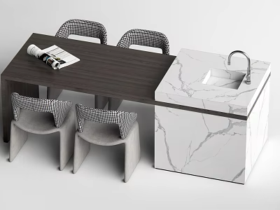Modern Wooden Dining Table Set With Checkered Back Chairs And White Marble Island Sink 3d model