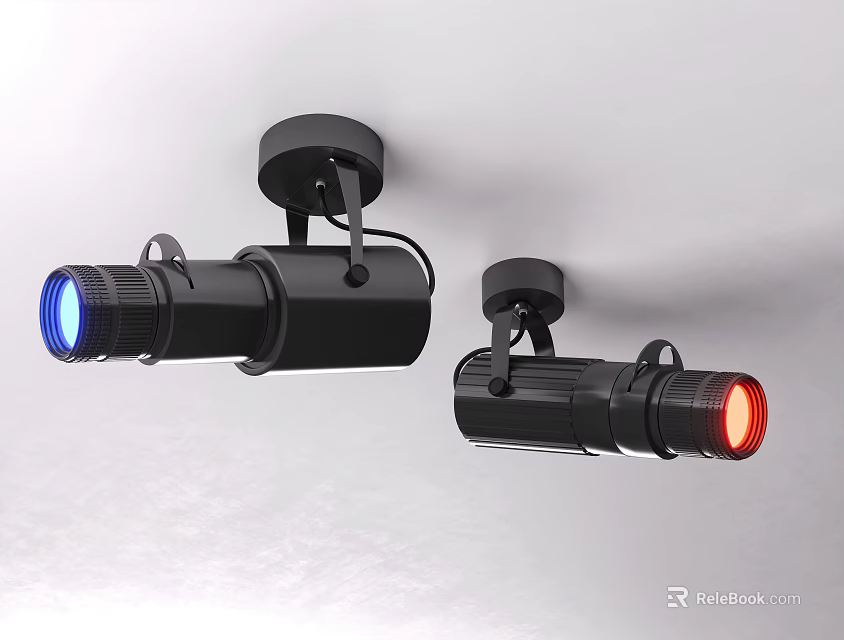 Black Spotlights With Blue And Red Light Mounted On White Wall Interior 3d model 