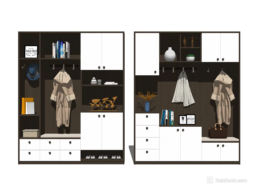 Modern Multifunctional Shoe Cabinet With Hanging Area Storage Drawers And Decorative Elements 3d model