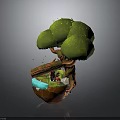 Whimsical Tree With Lush Green Foliage Small Scene Inside Trunk And Mini Water Path 3d model