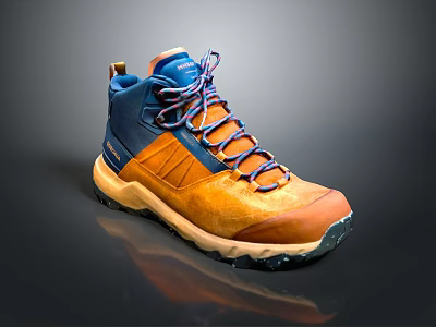 High Top Brown And Blue Outdoor Shoes With Blue Laces And Rubber Sole 3d model