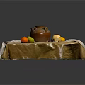 Table Covered With Brown And White Cloth Holding Earthenware Jar And Assorted Fruits