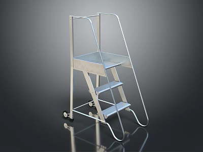 Sturdy Mobile Metal Ladder With Three Steps And Rolling Wheels 3d model